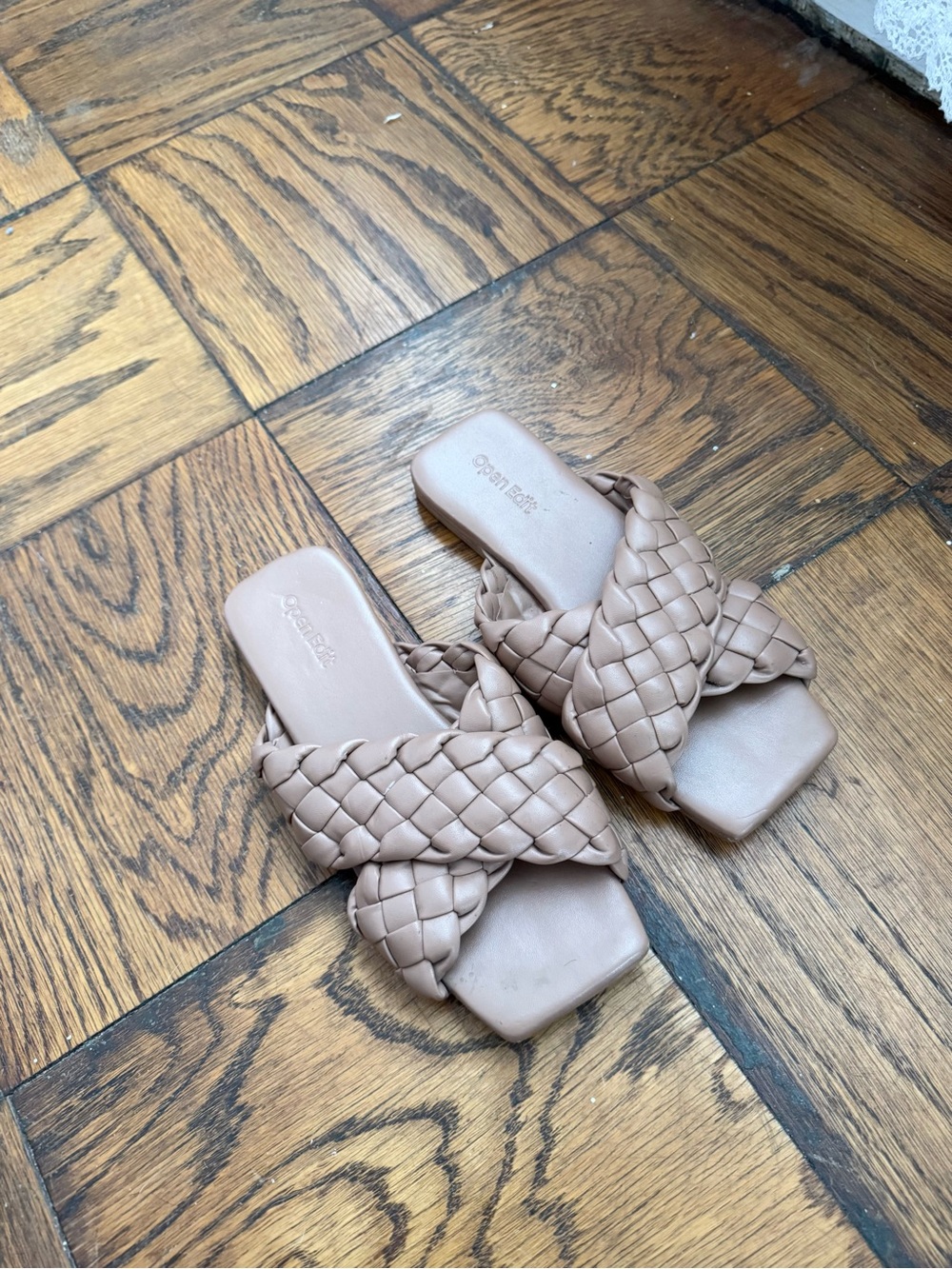Open Edit Woven Square-Toe Slide Sandals, Tan, size 5